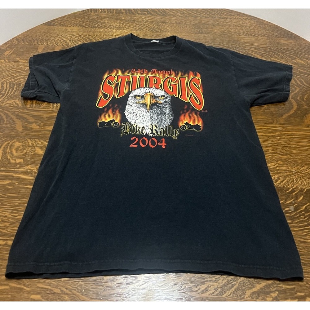 Vintage Sturgis Motorcycle Shirt 2004 Black Eagle Flames Y2K Mens L–XL Tee